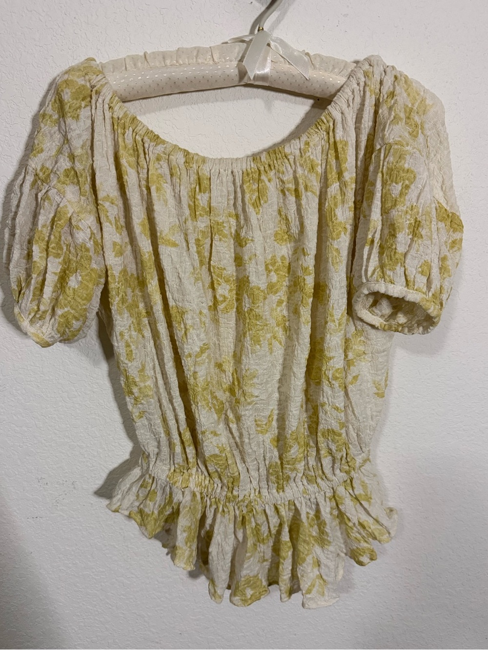 Free People Women’s Ivory & Yellow Floral Peasant Off-Shoulder Waist Accent Top